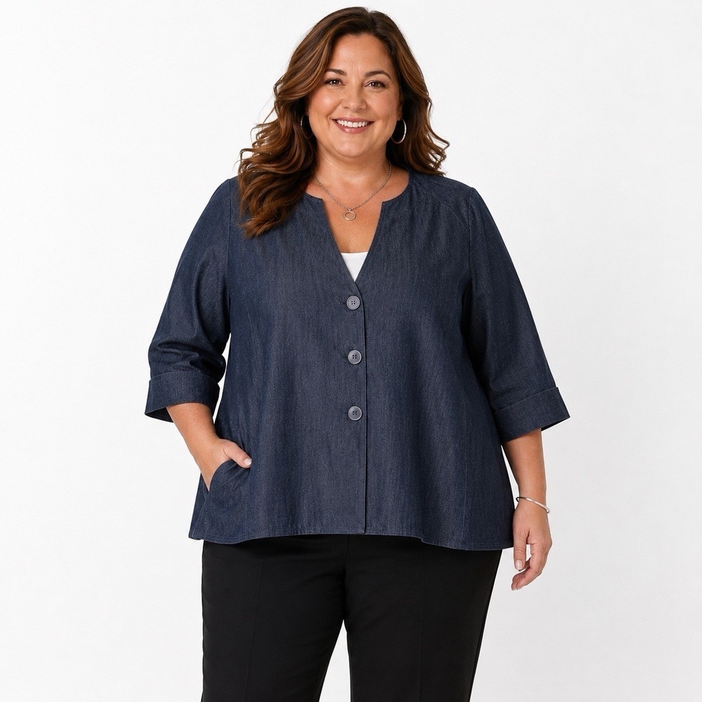 Signature By Larry Levine Womens 24W Blue Denim Look‎ Lined Jacket Blazer